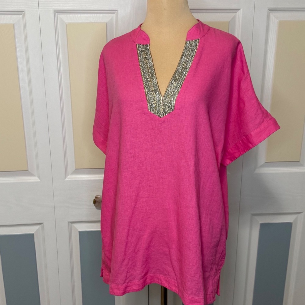 Soft Surroundings Annalise‎ Linen Blend Tunic Azalea Pink Metallic Embroidered M